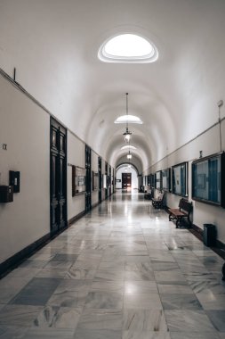 Long symmetrical hallway in a grand historic building in Seville, featuring polished marble floors, ornate arched ceiling, crystal chandeliers, black doors, and framed artworks along the walls.