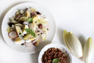 Beyaz zemin üzerinde hindiba, haşlanmış yumurta, turp, soğan, zeytin, limon, ayçiçeği tohumu ve farro (emmer) salatası bulunan taze salata. Sağlıklı yemek..