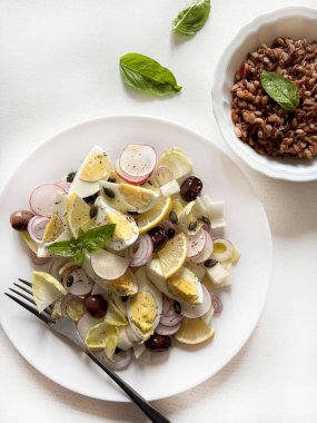 Beyaz zemin üzerinde hindiba, haşlanmış yumurta, turp, soğan, zeytin, limon, ayçiçeği tohumu ve farro (emmer) salatası bulunan taze salata. Sağlıklı yemek..