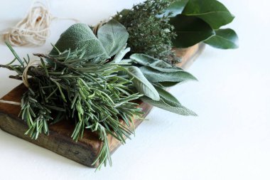 İtalyan ve Akdeniz mutfağında kullanılan koyu yapraklar, kekik, adaçayı ve biberiye gibi taze aromatik bitkiler..