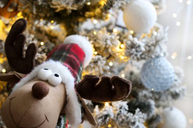 Arka planda kumaş rengeyiği süsü, ışık ve Noel mücevherleriyle süslenmiş karla kaplı bir Noel ağacı. Noel ve tatil sezonu.