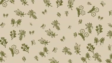 Bitki ve çiçeklerin tuhaf yeşil çizimleriyle botanik davetiyeler, tebrik kartları veya doğal temalı tasarımlar için mükemmel bir karalama arkaplanı..