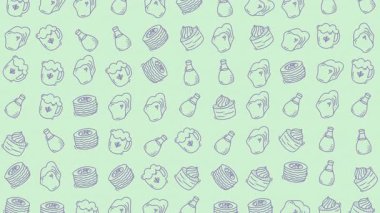 Elle çizilmiş bira suşisi ve yiyecek karalamaları ambalaj, restoran dekorasyonu, menüler ve sosyal medya grafikleri için idealdir..