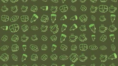 Süt kutuları, yumurtalar, kahve ve suşi içeren karalama yemek kalıpları. Ürünler ve dizaynlar için uygundur.