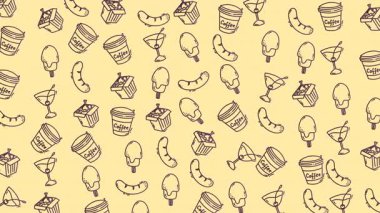 Kahve, dondurma ve menü tasarımları, mutfak dekorasyonu ve ambalajlar için uygun sosisli çizimler..