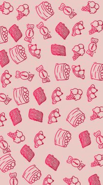Şekerli keklerin ve dondurmaların tatlı el çizimi dikey deseni. Şekerler, kekler ve dondurmalar el çizimi desen, dekor, ambalaj ve kırtasiye için mükemmel. 