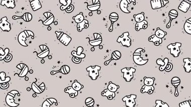 Çıngıraklı, emzikli ve oyuncak ayılı bebek desenleri. Bebek partisi davetiyeleri, çocuk dekorasyonu ve çocuk ürünleri için mükemmel..