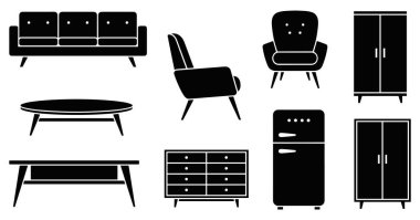 Mobilya Silüeti Oturma Odası İçsel Elementler Vektörü Koleksiyon Seti