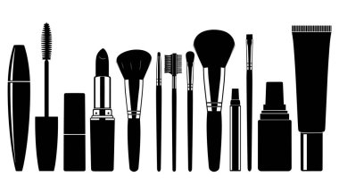 Makyaj araçları siluet koleksiyonu kozmetik güzellik aksesuarları vektörü