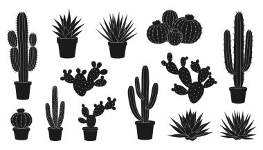 Kaktüs ve sulu bitkiler siluet çöl bitkileri kara vektör koleksiyonu