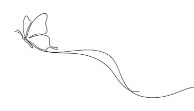 Uçan kelebek durmaksızın doğanın özgürlüğünü çizen minimalist ana hatlı vektör.