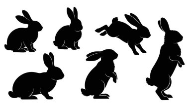 Farklı pozlarda ayarlanmış tavşan silueti siyah tavşan vektör kolleksiyonunda koşar
