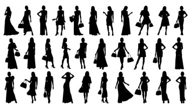 Farklı kadın duruşu olan siluet koleksiyonu siyah vektör tarzında