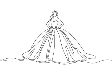Gelinin gelinlik çizgisi çizgisi çizimi. Evlilik tasarımı için zarif ve sürekli bir çizgi tarzı.