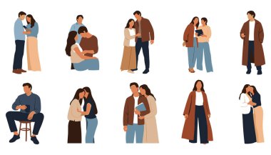 İnsanlar, modern gündelik giysiler içinde çeşitli kadın ve erkeklerden oluşan çizimler çizerler.