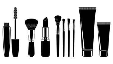 Güzellik tasarımı için makyaj araçları ve kozmetik koleksiyonu örnekleme