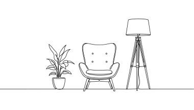 Oturma odası. Kanepe ve zemin lambasıyla sürekli çizgi çizimi.