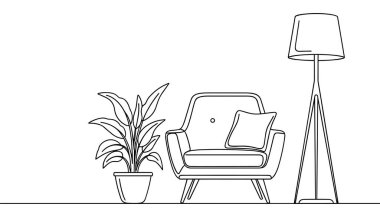 Oturma odası. Kanepe ve zemin lambasıyla sürekli çizgi çizimi.