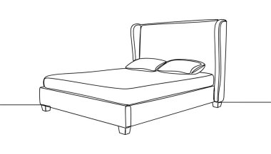 Yatak odası iç tasarımı için yastıklı çift kişilik yatağın sürekli çizimi.