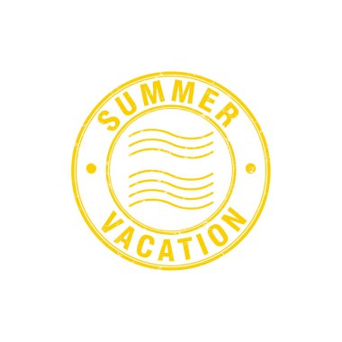 Sarı yuvarlak grunge damgası. Yaz tatili metni ve deniz dalgalarıyla birlikte.