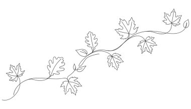 Minimalist botanik sanatını gösteren bir dalda sonbahar yapraklarının kesintisiz çizimleri
