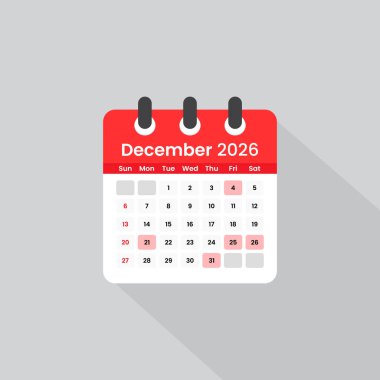 Aralık 2026 uzun gölgeli takvim simgesi. Düz stil kırmızı günlük vektör çizimi