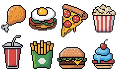 Hamburger, soda ve tatlı ile hazırlanmış pikselli fast food ürünleri.