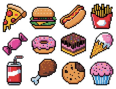 Pikselli abur cubur koleksiyonu, pizza burgeri ve atıştırmalıklar.