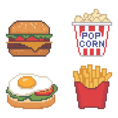 Hamburger, patlamış mısır ve abur cuburlu pikseller.