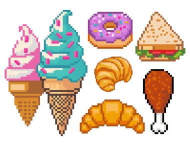Dondurma ve abur cuburla hazırlanmış pikselli tatlı ikonları.
