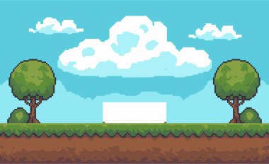 Boş sahne ve ağaçlarla pikselli platform oyunu sahnesi