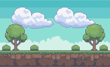 Ağaçlar bulutlu ve toprak katmanlı pikselli platform oyun sahası