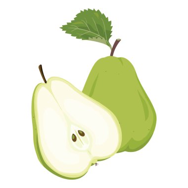 Yarısı doğal dilimlenmiş taze armut illüstrasyonu.