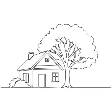 Ev ve doğa kavramını gösteren ağaç ile tek sıra ev çizimi