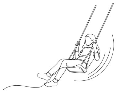 Salıncak vektör resimleme siluetinde sallanan bir kızın kesintisiz çizgi çizimi.