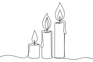 Üç Mum Yanan Tek Hat Sanat Vektörü ateş illüstrasyon silüeti.