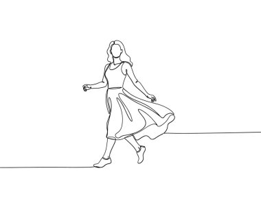 Woman in a flowing dress walking with one continuous line vector illustration icon silhouette.