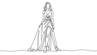 Zarif uzun elbise illüstrasyonuyla asgari aralıksız moda modeli