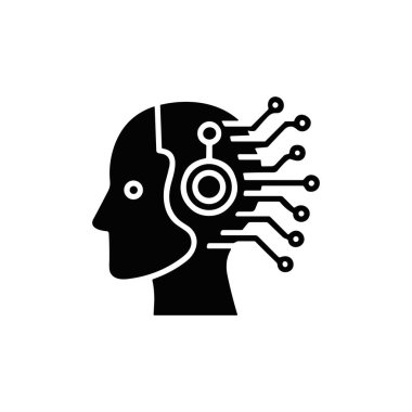 Dijital devrelerle entegre edilmiş insan kafa profilini tasvir eden siyah ve beyaz bir vektör ikonu. Yapay Zeka Baş Vektör Simgesi illüstrasyon silueti.