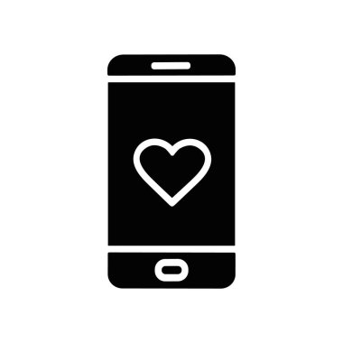 Kalbi olan bir akıllı telefonun siyah ve beyaz vektör simgesi çizim silueti