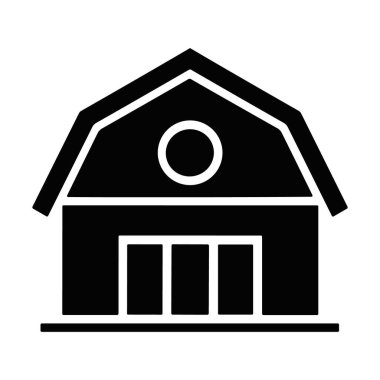 Bir ahırı tasvir eden siyah bir vektör simgesi. Binanın çatısında dairesel penceresi olan sivri bir çatı var. Dairesel pencereli siyah ahır binası simgesi anahtar sözcük ambarı, vektör çizim silueti