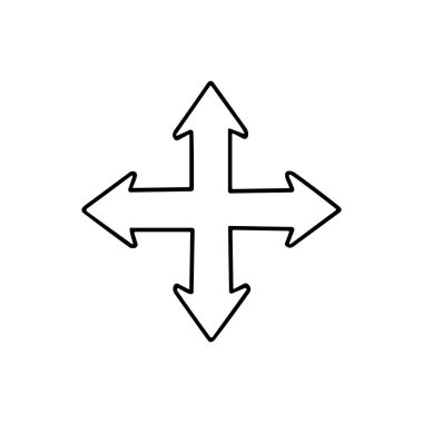 Dört ana yönü gösteren çapraz şekilli dört oku gösteren siyah bir vektör grafiği: yukarı, aşağı, sol ve sağ. Dört yönlü ok vektör navigasyon hareketi resimleme simgesi silueti.