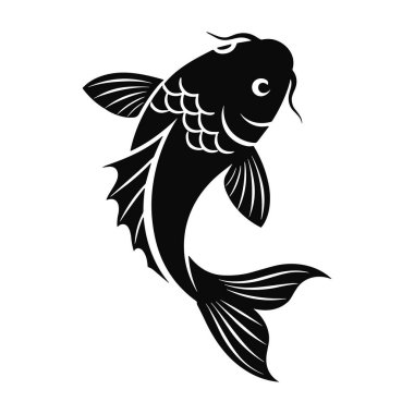 Yüzen bir koi balığının siyah siluet vektör çizimi. Bir koi balığı vektör sazan siyah silueti.