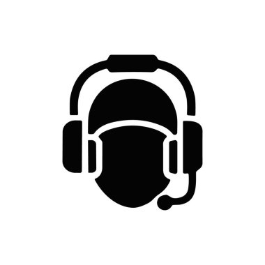 Beyaz arka planda mikrofonlu siyah bir kulaklık görüntülenir. Siyah kulaklık ikonu vektör illüstrasyon anahtar sözcükler kulaklık, simge, vektör, sembol, siluet.