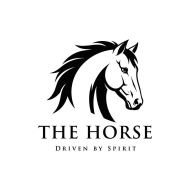 Profilde bir atın kafasının stilize edilmiş siyah beyaz vektör grafiği. Siyah at kafası logosu.