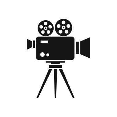 Bir tripoda monte edilmiş klasik bir film kamerasının basit bir siyah vektör simgesi. Klasik Film Kamerası Tripod Vektör Simgesi Anahtar Kelimeleri film kamerası, illüstrasyon silueti.