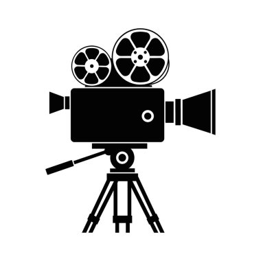 Bir tripoda monte edilmiş klasik bir film kamerasının siyah siluet vektör ikonu. Klasik Film Kamerası Tripod Vektör Simgesi Anahtar Kelimeleri film kamerası, illüstrasyon silueti.