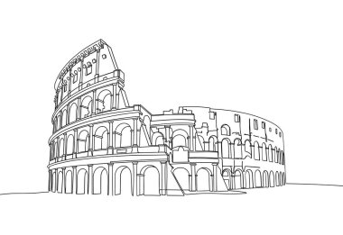 Bu, İtalya, Roma 'daki Colosseum' un siyah beyaz çizgili bir sanat çizgisi çizimi. İkonik antik Roma amfitiyatrosu karakteristik kemerleri ve katmanlı yapısıyla tasvir edilir..