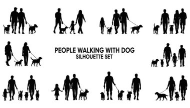Köpek Silueti Paketi ile Yürüyen İnsanlar Hayvan Sahibi Yaşam Tarzı Vektör Seti