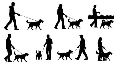 Köpek Silueti Seti Sahibi Yürüyen Vektör Koleksiyonuyla Yürüyen İnsanlar